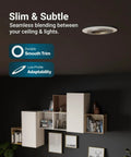 Ceiling view showing 12 Pack Goof Rings for 4 Inch Recessed Lights White Matte Finish Outer Diameter 6.7 Inches Inner Diameter 4.25 Inches Durable Plastic Flush Mount Ceiling Trim Covers For Clean Quick Ceiling Repair