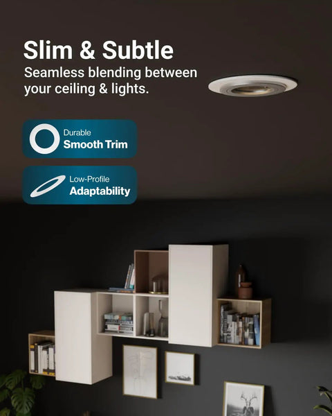 Ceiling view showing 12 Pack Goof Rings for 4 Inch Recessed Lights White Matte Finish Outer Diameter 6.7 Inches Inner Diameter 4.25 Inches Durable Plastic Flush Mount Ceiling Trim Covers For Clean Quick Ceiling Repair