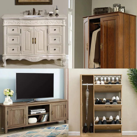 Collage of furniture with cabinets, wardrobes, TV stand, and shoe storage showcasing various home decor styles.