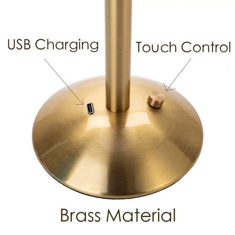 Cordless Gold Table Lamp for Home and Dining Rooms USB port and touch control on brass base, focus on charging and dimmer features
