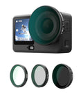 DJI Osmo Action 6 Filter Kit With 2 To 32 Variable ND, CPL UV Lens Filters in front of camera LCD screen showing a surfer
