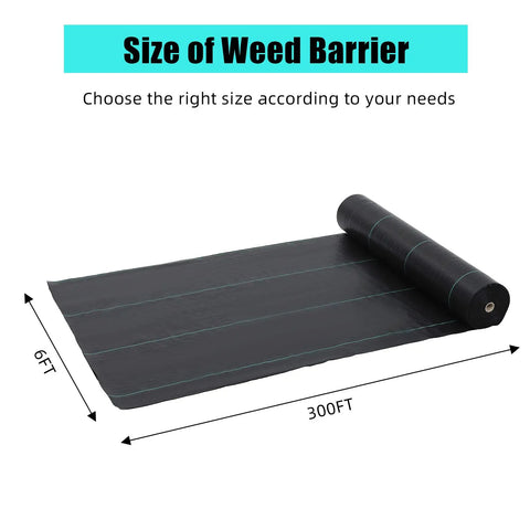 Heavy Duty 6 By 300 Ft Weed Barrier Landscape Fabric Three Point Two Oz ground cover roll displayed with dimensions.