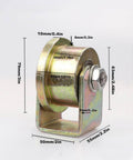 Rigid track wheels with zinc plated 45# steel rollers for T-groove tracks, showing dimensions and galvanized finish.