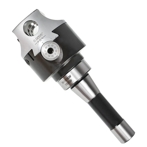 Beefed-Up 12 Piece R8 Shank Carbide Boring Head Set For Bridgeport Milling Machines close-up of steel boring head with dial