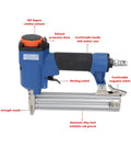 Pro Grade Pneumatic Brad Nailer 18 Gauge Air Powered Nail Gun for Woodworking Trim with ergonomic handle and magazine switch.