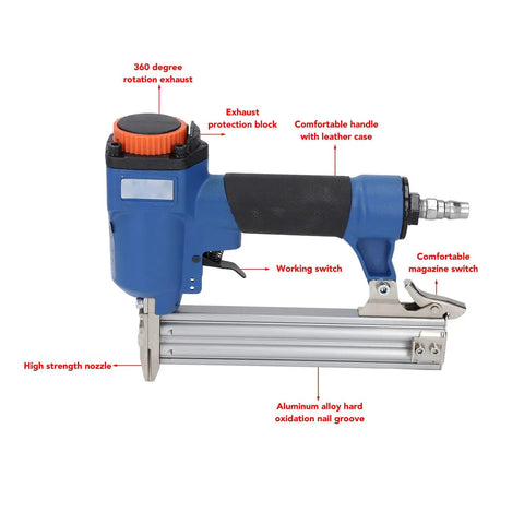 Pro Grade Pneumatic Brad Nailer 18 Gauge Air Powered Nail Gun for Woodworking Trim with ergonomic handle and magazine switch.