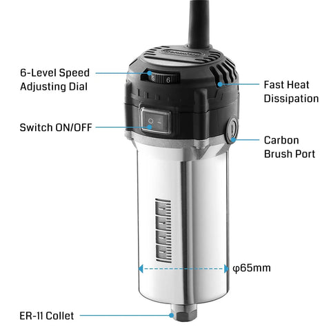 Powerful 710W Compact Palm Router With 65mm Diameter, Six Variable Speeds, ER11 Collet, Four Carbon Brushes, Spindle Motor Upgrade For CNC Machines