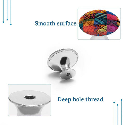 Dope Stainless Steel Cabinet Knobs Featuring A Knockout Multicolor Quilt Design With Hella Smooth Pulling Action And Hefty Durability For Real Deal Kitchen Or Furniture Upgrades. Close-up of smooth stainless steel surface and colorful quilt design.