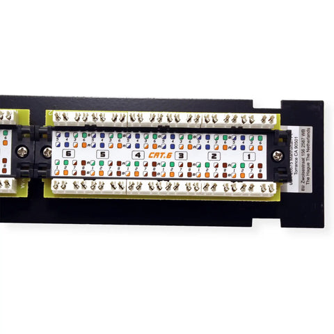Close-up of 12 Port Cat6 Unshielded Patch Panel Wall Mount With Included 89D Bracket For Vertical Or Horizontal Install, Compatible with Cat5e and Cat6 RJ45 Cabling, 110 IDC Terminal Blocks, Black.