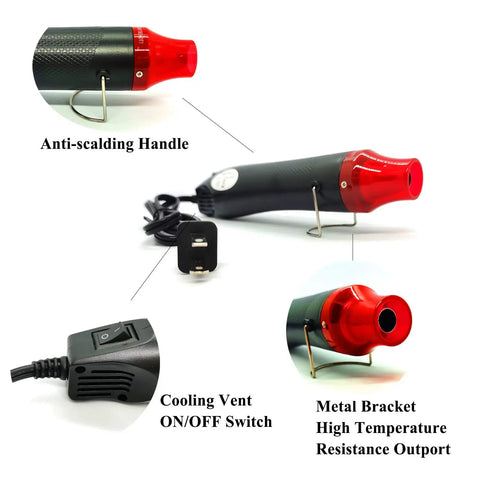 Features of Handy 300W Heat Gun With Dual Temperature 392F And 662F, including anti-scalding handle, metal bracket, and cooling vent.