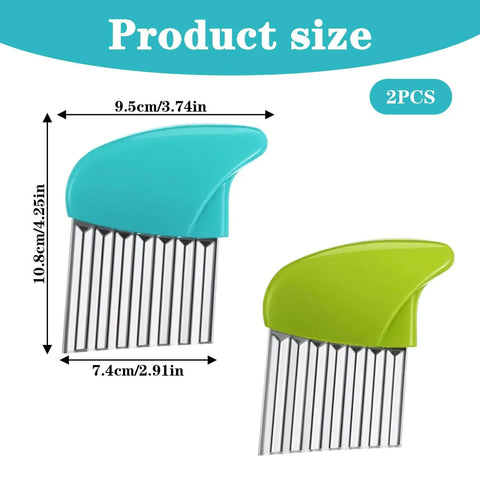 Two crinkle cutters with stainless steel blades and teal and lime plastic handles; 2-pack veggie and fruit slicers