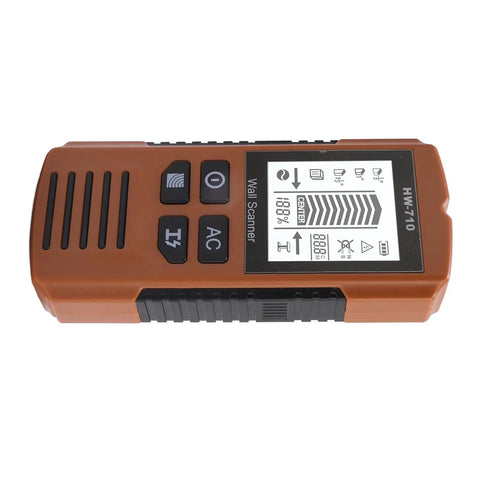 WALFRONT 3 Mode Stud Finder Wall Scanner, LCD Backlit Display with Auto view from above showing control buttons and display.