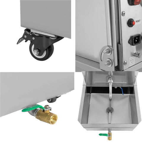 Heavy Duty Commercial Fryer Oil Filter System With Slick 550W Motor And 110V Power Plus Spacious Stainless Steel Tank features wheels, valve, and deep tank.