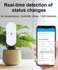 Intelligent Soil Moisture Sensor 3 Pack With Capacitive Probes, Zigbee Hub Required, shown monitoring plant moisture and temperature.