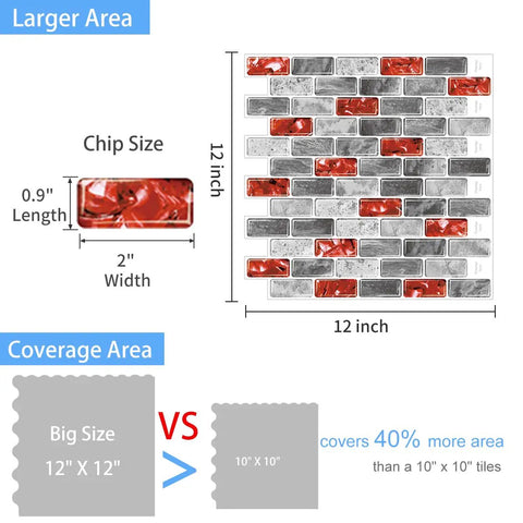 Red Marble Peel And Stick Backsplash Tiles For Kitchen And Bathroom 12 By 12 Inches 10 Sheets Self Adhesive Easy Install Durable Strong Adhesive Kitchen Decor Gift Idea with diagram showing tile dimensions and coverage.