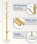 Heavy Duty Coat Rack With Natural Marble Base And Gold Metal Finish Freestanding Eight Hook Coat Tree diagram showing structure and stability