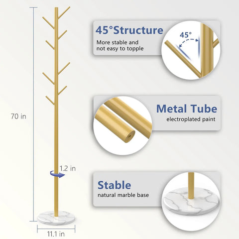 Heavy Duty Coat Rack With Natural Marble Base And Gold Metal Finish Freestanding Eight Hook Coat Tree diagram showing structure and stability