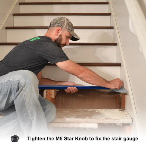 Person using Stair Treads Gauge Template Tool Adjustable Staircase Jig With Measuring Set No Tape Measure Needed on stairs