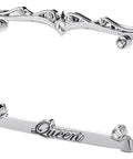 Blinged Out Queen License Plate Frame Chrome And Clear With Nine Glass Crystals Black Glitter Lettering On Bottom Zinc Die Cast