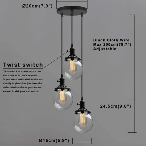 Three Light Industrial Cluster Pendant Ceiling Fixture With 5.9 Inch Clear Globe Shades In Black Finish for foyers.