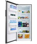 Interior view of Big Boy 21 Cubic Foot Upright Freezer And Convertible Refrigerator With Glass Shelves displaying assorted drinks and groceries.