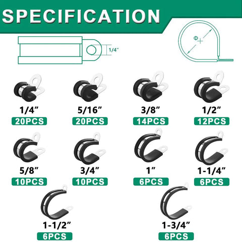 Cable clamps assortment kit, 110 pcs in 10 sizes from 1/4 in to 1-3/4 in, stainless steel with rubber coating