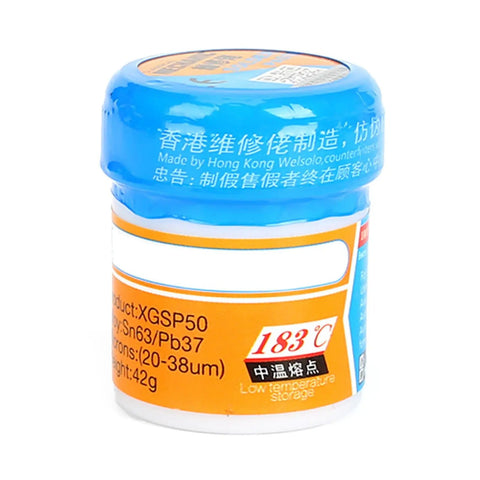 42g jar of Professional Solder Paste For Electronics Pros And Diyers 183C Melting Point High Viscosity shown with blue cap