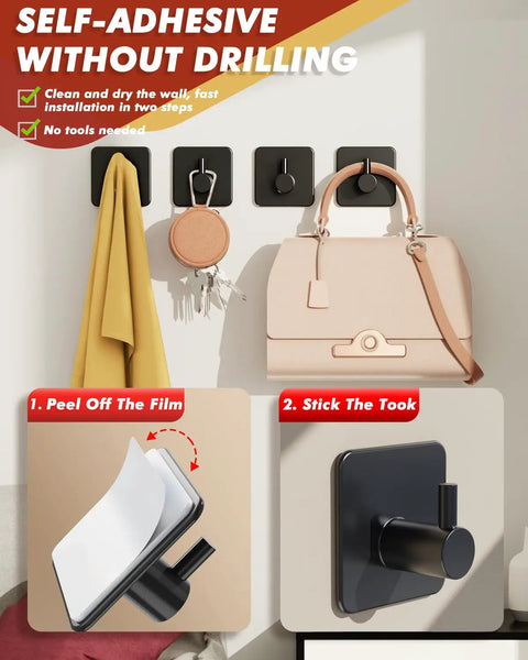 Image showing installation of Five Pack Heavy Duty Adhesive Hooks That Hold Up To 22lb Self Adhesive Wall Hangers in use with bags and accessories.