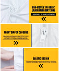 Disposable Hazmat Coverall For Full Body Protection Painter Suit showing non-woven fabric, front zipper, and elastic design