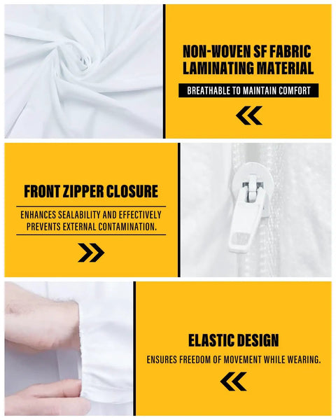 Disposable Hazmat Coverall For Full Body Protection Painter Suit showing non-woven fabric, front zipper, and elastic design