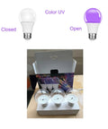 Display of UV bulbs with closed white and open purple options above a set of bulbs in packaging.