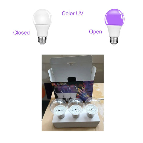 Display of UV bulbs with closed white and open purple options above a set of bulbs in packaging.