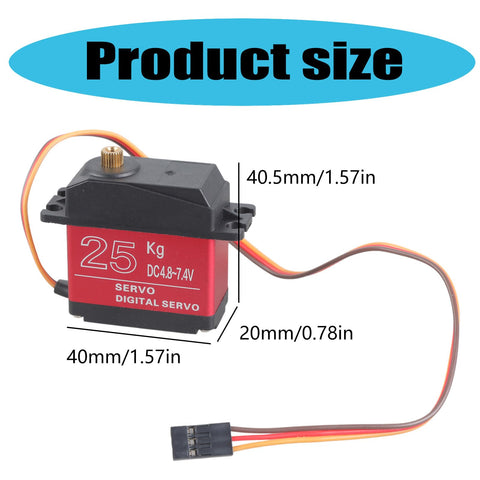 Heavy Duty Digital Servo With Solid Metal Gears Pushing A Sick 25kg Of Pure Torque To Crush Any Off Road Track On Rc Cars Boats And Robot Kits Built Tough For Splash Out And Muddy Trails So You Rip Every Time, showing size dimensions.