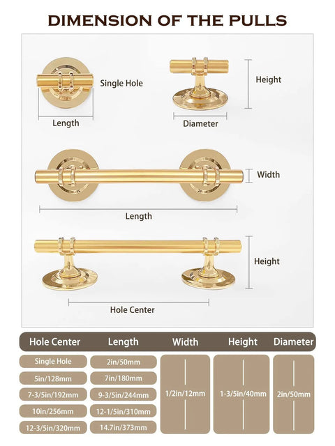 Dimensions guide for 2 Pack 5 Inch Self Stick Cabinet Handles With Adhesive Gold Metal Drawer Pulls, showing single hole and hole center measurements.