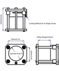 Solid As A Rock Aluminum Router Lift Base And Dead Nuts Precise Adjustable Lifting Kit For Woodshop Router Tables With Smooth Zero To Fifty Four Millimeter Height Fine Tune dimensions with lifting range details.