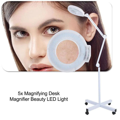 5X LED Magnifying Floor Lamp On A Rolling Stand For Salon Beauty Skincare Tattoo And Manicure Workstations Pro Grade Adjustable White Light With Large Lens For Precise Skin Analysis And Fine Detail Work