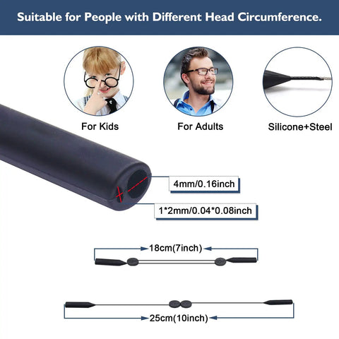 Two Hole Adjustable Eyeglasses Strap For Kids And Adults Lanyard Eyewear Retainer with size and material details.
