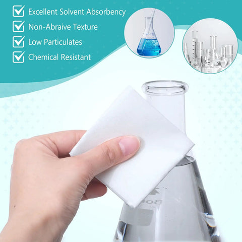 Hand using Top Shelf 900 Pack Cleanroom Wipes Straight Up Lint Free Nonwoven Microfiber on laboratory flask.