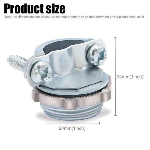 Side view of Ten Pack Three Quarters Inch Clamp Type Cable Connectors for Metallic Conduit, silver zinc alloy, product size shown.
