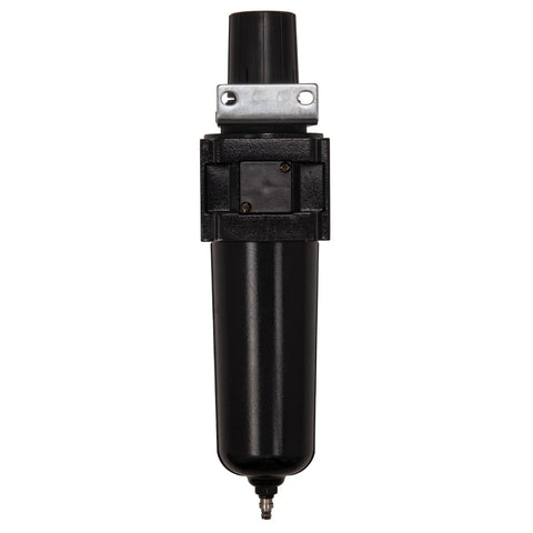 Three Quarters Inch NPT Air Filter Regulator front view with clear liquid level indicator and locking knob for moisture removal up to 150 PSI