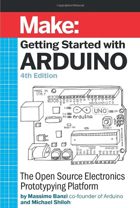 Top Shelf Electronics Learning Kit For Absolute Beginners With Straight Up Step By Step Guides featuring Arduino board on book cover with instructions.