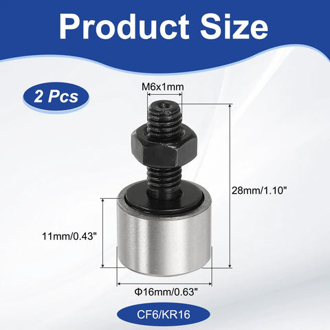 Two Piece Cam Follower Needle Roller Bearing Set Beefy Heavy Duty 16mm Chrome Steel Track Runner For Machine Tool Guide Rails M6x1mm Full Stud Thread KR16 CF6, 2 pcs