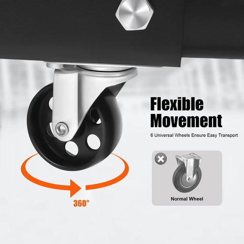 Close-up of 360-degree swivel caster wheel on the Heavy Duty Folding Hydraulic Engine Crane Hoist for easy transport.