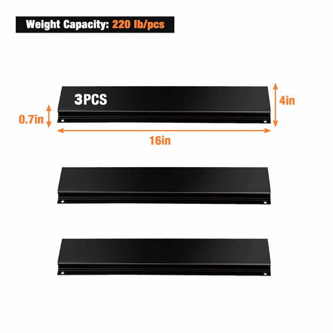 Black metal rails for Wall Mounted Tool Organizer With Ten Bins And Three Rails, dimensions shown, holds 220 lb/pcs.