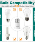 E26 Socket Extender 1.2 Inch 3 Cm Lamp Socket Extension For Recessed Fixtures Easy Install To Boost 360 Degree Light Spread Lamp Holder Adapter 4 Pack bulb compatibility chart with LED, CFL, incandescent, and halogen options.