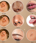 Image showing various body piercings with Pro Grade Stainless Steel Body Jewelry Insertion Taper Tool Set For 14G To 20G Piercing.
