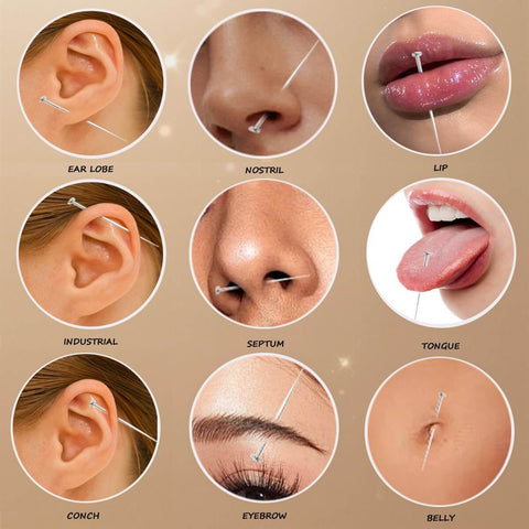 Image showing various body piercings with Pro Grade Stainless Steel Body Jewelry Insertion Taper Tool Set For 14G To 20G Piercing.