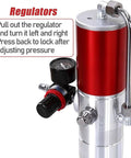 Close-up of Badass Heavy Duty Pneumatic Grease Pump For 50 Gallon Drums With 16 Foot Hose showing pressure regulators and gauge.