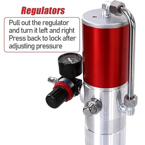 Close-up of Badass Heavy Duty Pneumatic Grease Pump For 50 Gallon Drums With 16 Foot Hose showing pressure regulators and gauge.