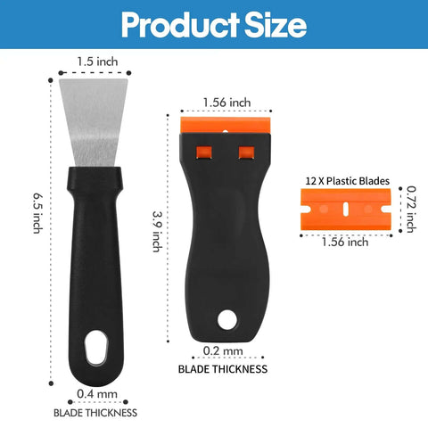 Product size of Dual Tool 3D Printer Scraper Set With Angled Metal Spatula For Getting Tough Prints Off And Flexible Plastic Scraper For Scratch Free Removal Includes 12 Replacement Blades For Easy Cleanup, showing dimension details.